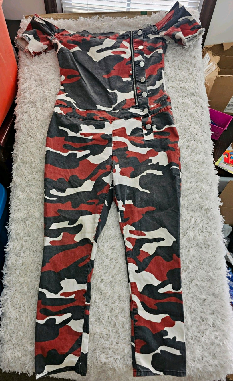 Y2K Red Camo Jumpsuit Off Shoulder Sz XXL Asymmetric Zip Punk Moto Streetwear